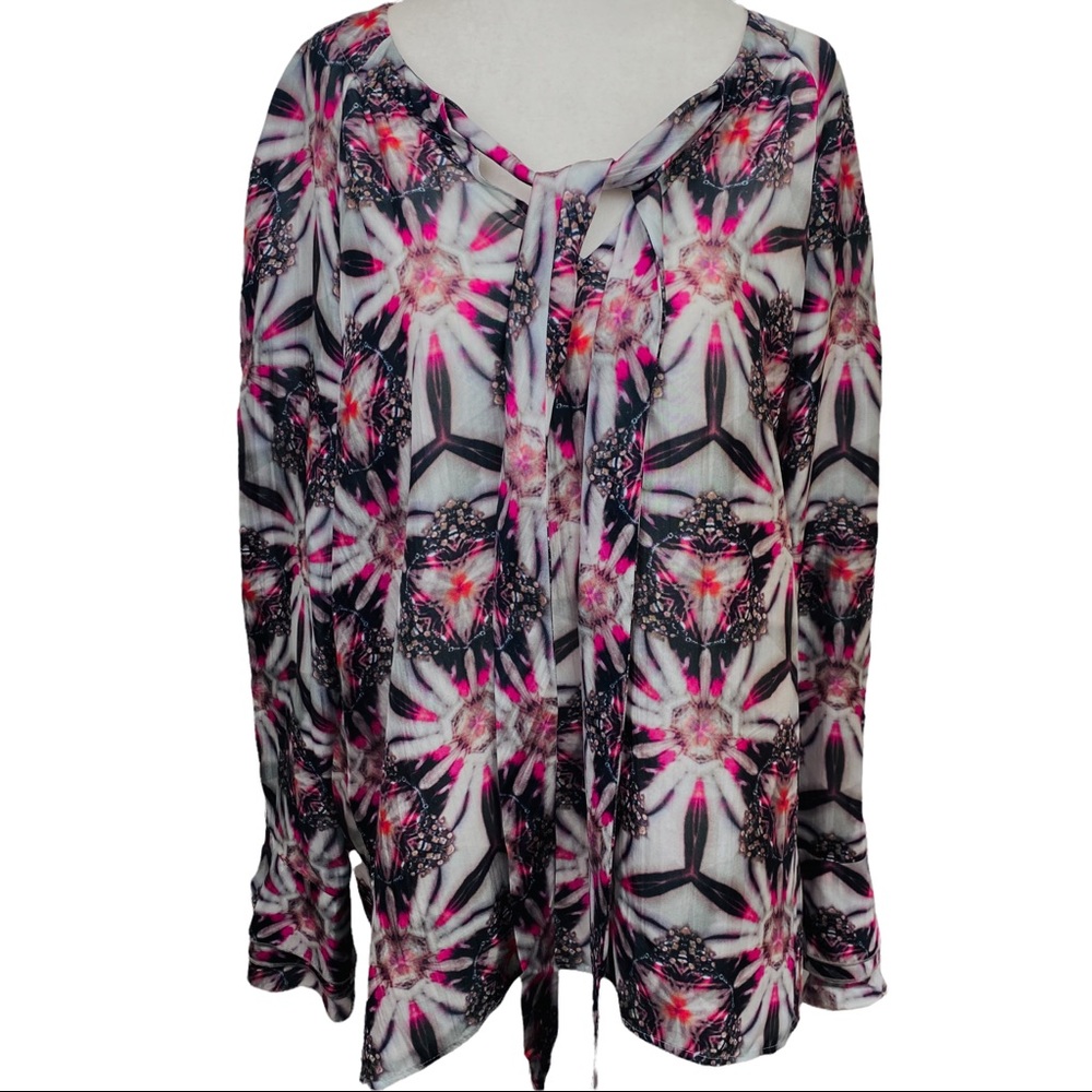 Laurel 100% Silk Gray & Pink Long Sleeve Blouse; 12